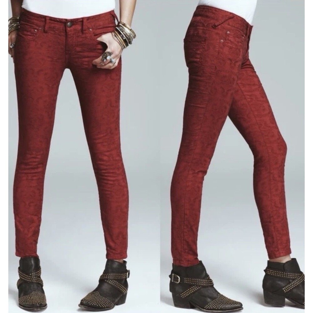Free People Jacquard Skinny Jeans Womens 27 Red Damask Brocade Textured Crop